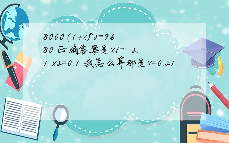 8000(1+x)^2=9680 正确答案是x1=-2.1 x2=0.1 我怎么算都是x=0.21