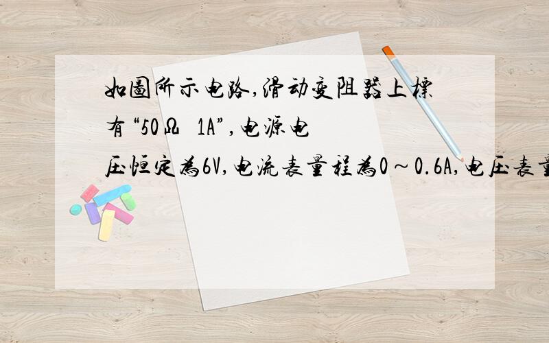 如图所示电路,滑动变阻器上标有“50Ω  1A”,电源电压恒定为6V,电流表量程为0～0.6A,电压表量程为0-3V．闭合开关S,移动滑动变阻器滑片到某一位置时,电流表示数为0.2A,电压表示数为2V．求：为