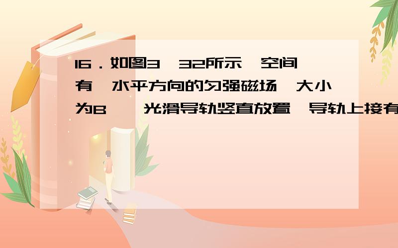 16．如图3—32所示,空间有一水平方向的匀强磁场,大小为B,一光滑导轨竖直放置,导轨上接有一电容为C的电容器,并套一可自由滑动的金属棒,质量为m,释放后,求金属棒的加速度a.此题用微元法怎