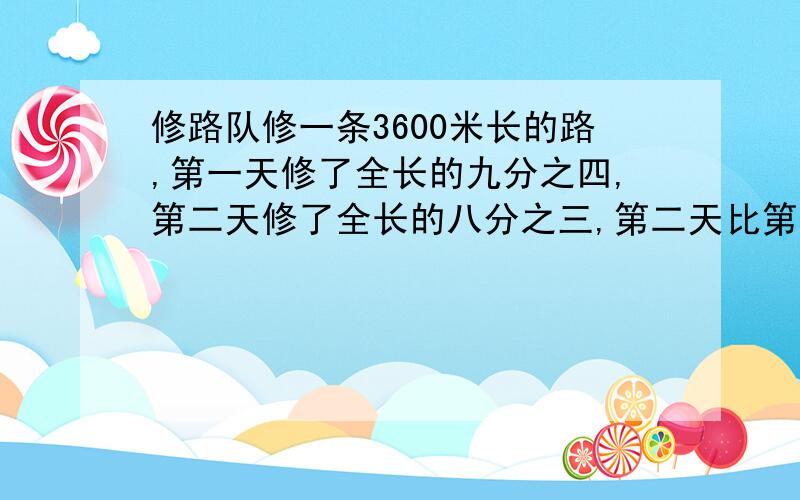 修路队修一条3600米长的路,第一天修了全长的九分之四,第二天修了全长的八分之三,第二天比第一天少修多少米