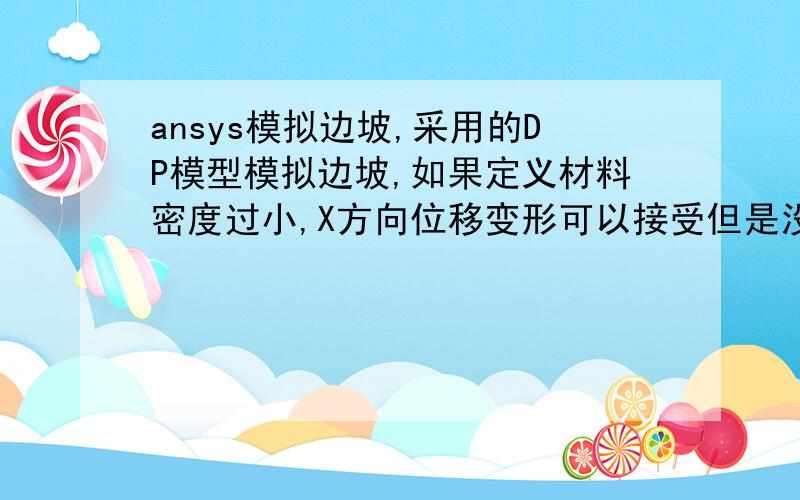 ansys模拟边坡,采用的DP模型模拟边坡,如果定义材料密度过小,X方向位移变形可以接受但是没有塑性变形区密度定义太大会产生塑性贯通区,X方向位移太大,请问怎么回事呢?采用的是强度折减法