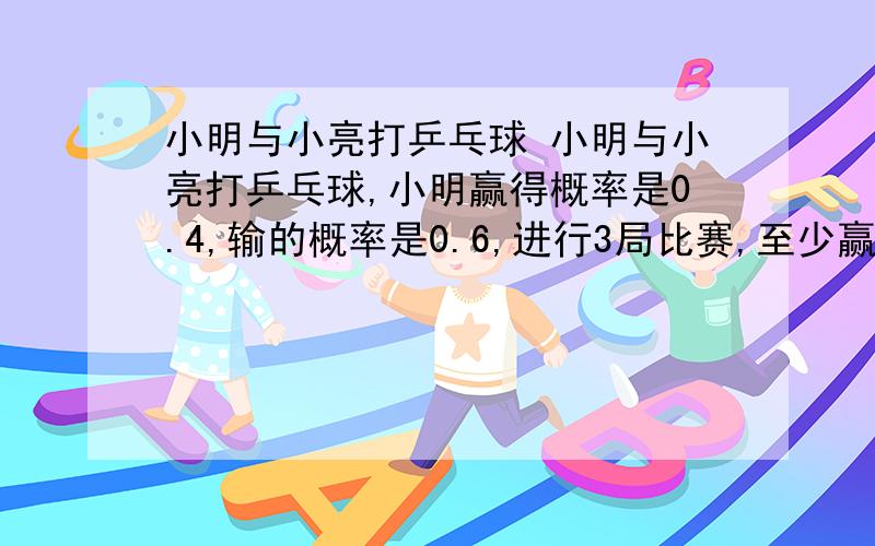 小明与小亮打乒乓球 小明与小亮打乒乓球,小明赢得概率是0.4,输的概率是0.6,进行3局比赛,至少赢两局的获胜,分别求小明与小亮的获胜概率.