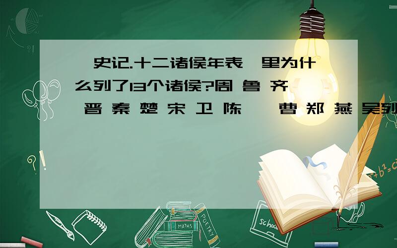 《史记.十二诸侯年表》里为什么列了13个诸侯?周 鲁 齐 晋 秦 楚 宋 卫 陈 蔡 曹 郑 燕 吴列表有14栏,当然周是天子,不算诸侯,那么剩13个诸侯,那为什么还要叫12诸侯年表?