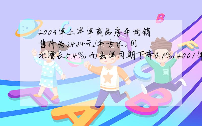 2003年上半年商品房平均销售价为2424元/平方米,同比增长5.4%,而去年同期下降0.1%,2001年上半年房价多少