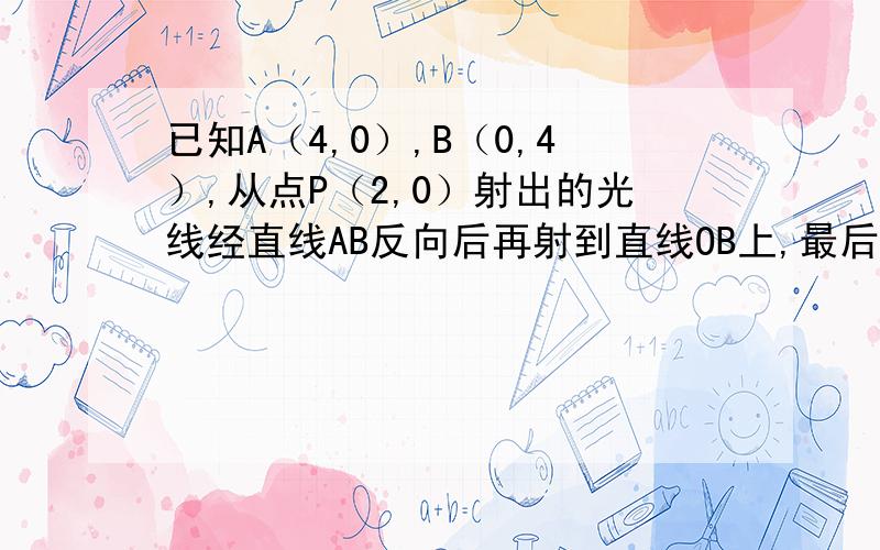 已知A（4,0）,B（0,4）,从点P（2,0）射出的光线经直线AB反向后再射到直线OB上,最后竟直线OB反射后又回到P点,则光线所经过的路程是