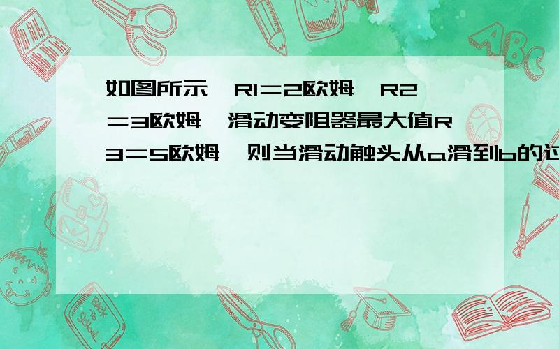 如图所示,R1＝2欧姆,R2＝3欧姆,滑动变阻器最大值R3＝5欧姆,则当滑动触头从a滑到b的过程中,安培表示数的最小值为多少?