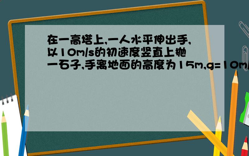 在一高塔上,一人水平伸出手,以10m/s的初速度竖直上抛一石子,手离地面的高度为15m,g=10m/s^2,试求:(1)石子到达最高点所需的时间 (2)石子落回抛出点的速度