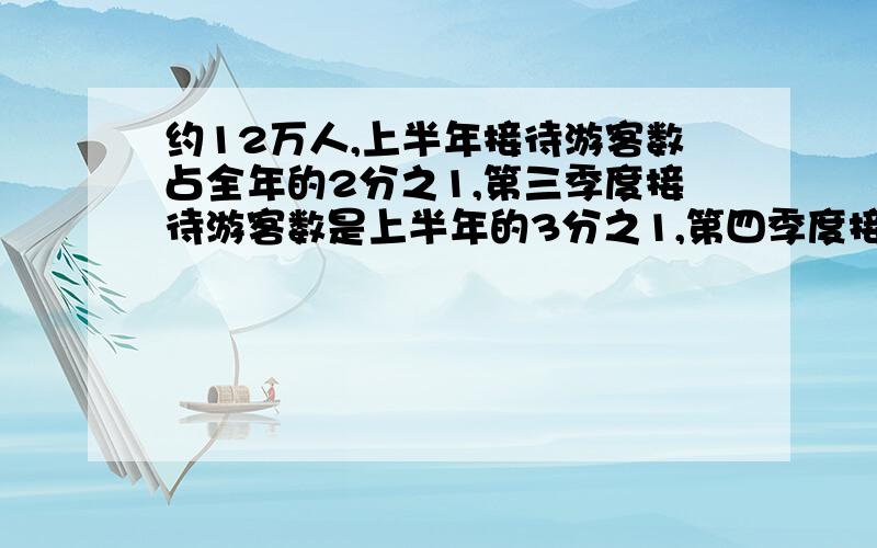 约12万人,上半年接待游客数占全年的2分之1,第三季度接待游客数是上半年的3分之1,第四季度接待游客多少人?