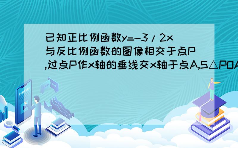 已知正比例函数y=-3/2x与反比例函数的图像相交于点P,过点P作x轴的垂线交x轴于点A,S△POA=6则此反比例函数的解析式___