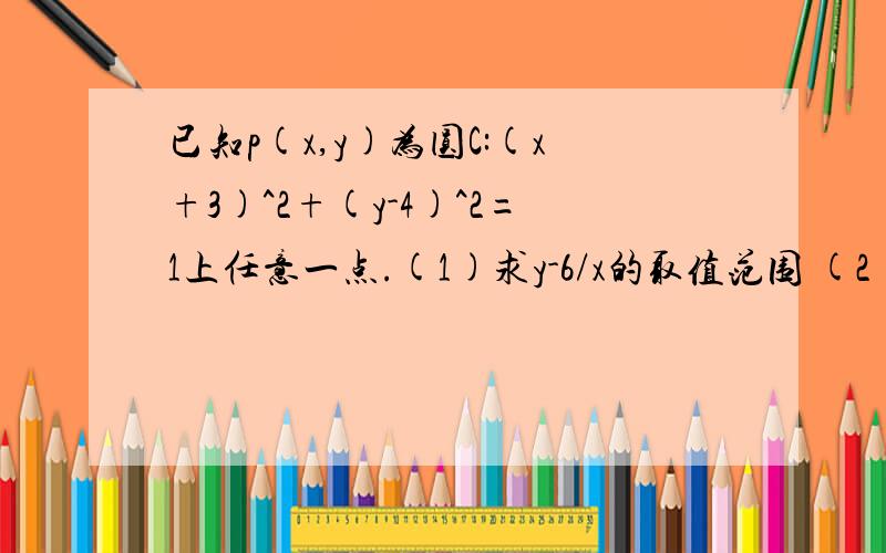 已知p(x,y)为圆C:(x+3)^2+(y-4)^2=1上任意一点.(1)求y-6/x的取值范围 (2) x-2y的取值范围.