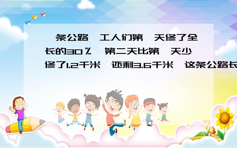 一条公路,工人们第一天修了全长的30％,第二天比第一天少修了1.2千米,还剩3.6千米,这条公路长多少千米?