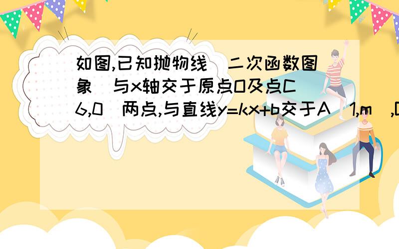 如图,已知抛物线（二次函数图象）与x轴交于原点O及点C（6,0）两点,与直线y=kx+b交于A（1,m）,B（4,8）两点(1)求直线和抛物线的解析式(2)求△OAB的面积,并判断在抛物线上是否存在这样的点D,使S