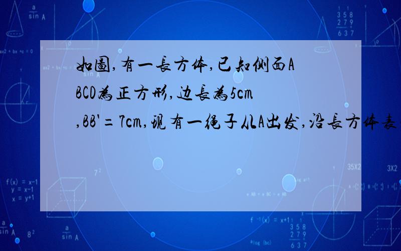 如图,有一长方体,已知侧面ABCD为正方形,边长为5cm,BB'=7cm,现有一绳子从A出发,沿长方体表面到达C'处,问绳子最短是多少厘米?