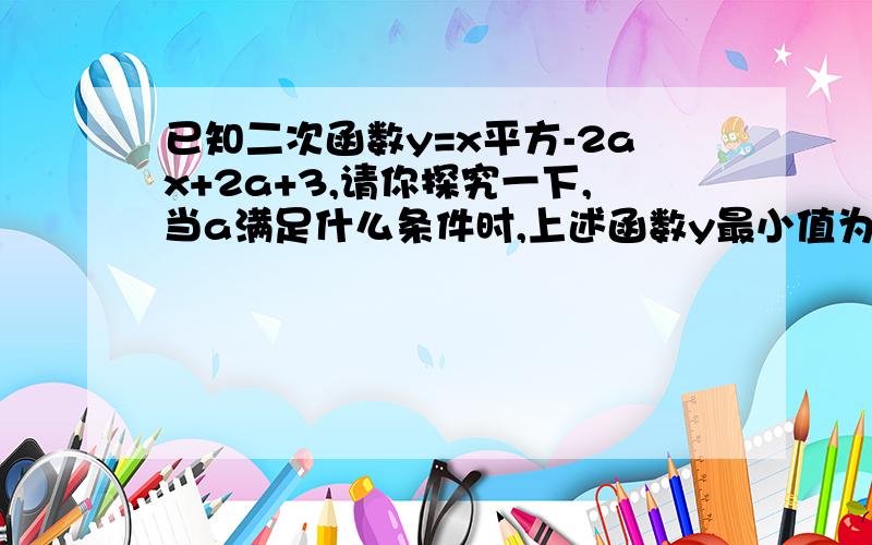 已知二次函数y=x平方-2ax+2a+3,请你探究一下,当a满足什么条件时,上述函数y最小值为零.