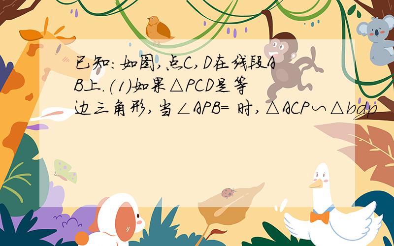 已知:如图,点C,D在线段AB上.(1)如果△PCD是等边三角形,当∠APB= 时,△ACP∽△bdp