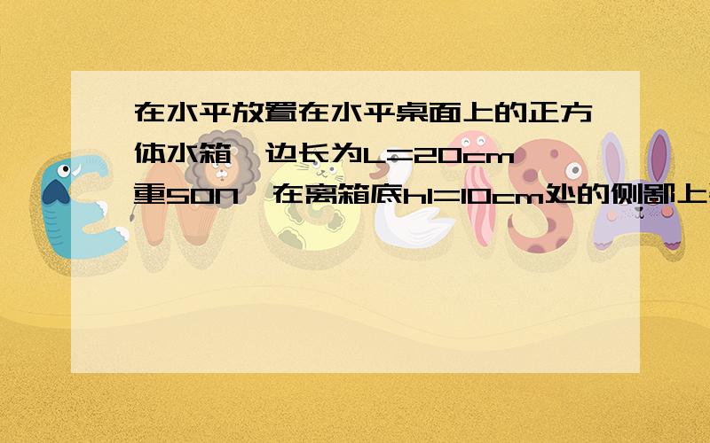 在水平放置在水平桌面上的正方体水箱,边长为L=20cm,重50N,在离箱底h1=10cm处的侧鄙上装有一支横截面积S=10cm2的管子,管中水柱高h2=50cm.求:(1)水箱箱顶受到水的压强和压力;(2)水箱箱底受到水的压