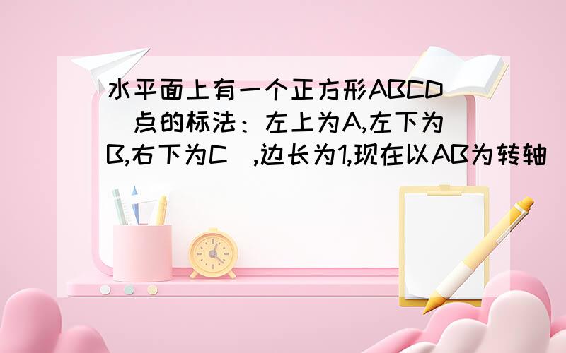 水平面上有一个正方形ABCD（点的标法：左上为A,左下为B,右下为C）,边长为1,现在以AB为转轴（从B向A看）逆时针转动α角,得到ABC’D’,再以AD’为轴（从D’向A看）顺时针转动α角,得到AB’C’’