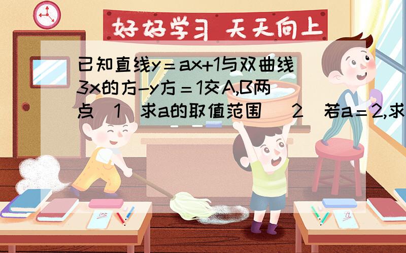 已知直线y＝ax+1与双曲线3x的方-y方＝1交A,B两点（1）求a的取值范围 （2）若a＝2,求|AB|