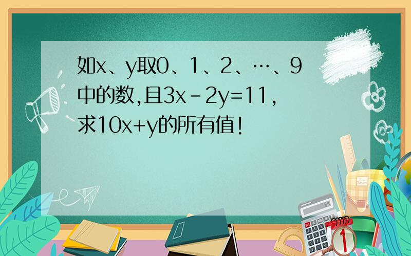 如x、y取0、1、2、…、9中的数,且3x-2y=11,求10x+y的所有值!