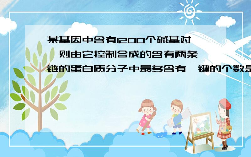 某基因中含有1200个碱基对,则由它控制合成的含有两条肽链的蛋白质分子中最多含有肽键的个数是