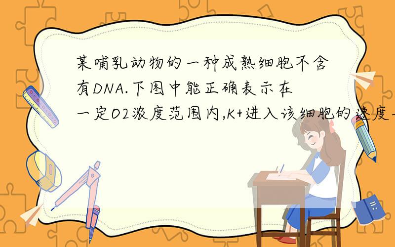 某哺乳动物的一种成熟细胞不含有DNA.下图中能正确表示在一定O2浓度范围内,K+进入该细胞的速度与O2浓度关系的是 （ ） 我选C因为02浓度一定 细胞呼吸提供ATP 但由于载体蛋白有限 所以选C