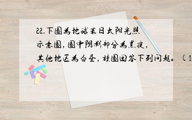 22．下图为地球某日太阳光照示意图，图中阴影部分为黑夜，其他地区为白昼，读图回答下列问题。(1) 该日太阳直射点的纬度是_______________________，出现极夜现象的纬度范围大致是______________