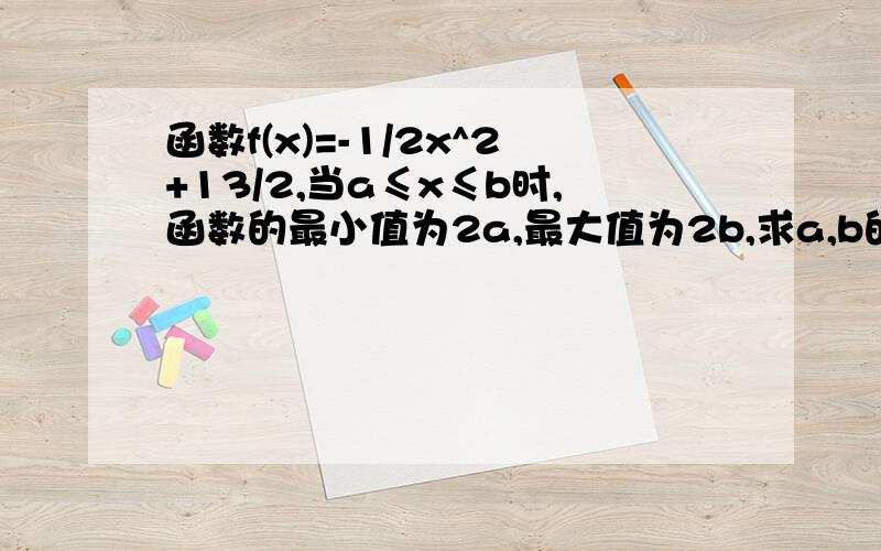 函数f(x)=-1/2x^2+13/2,当a≤x≤b时,函数的最小值为2a,最大值为2b,求a,b的值