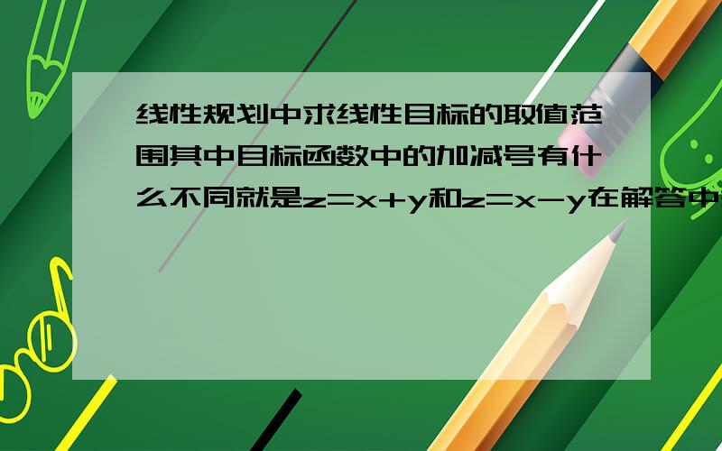 线性规划中求线性目标的取值范围其中目标函数中的加减号有什么不同就是z=x+y和z=x-y在解答中关于线在哪一点中取值有什么不同吗,取最大值时不都是在最高的那个点取吗