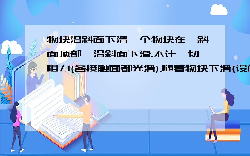 物块沿斜面下滑一个物块在一斜面顶部,沿斜面下滑.不计一切阻力(各接触面都光滑).随着物块下滑(设向左下移动),斜面也会向右移动.但是这样,物块的路径就不沿斜面方向(斜率比斜面大)斜面