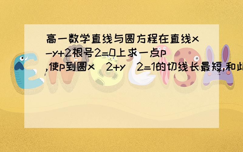 高一数学直线与圆方程在直线x-y+2根号2=0上求一点p,使p到圆x^2+y^2=1的切线长最短,和此时切线的长.过程详细,谢谢