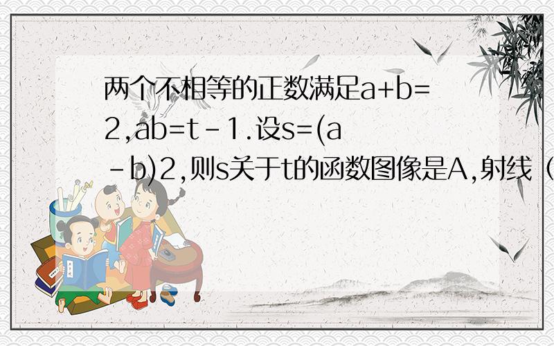 两个不相等的正数满足a+b=2,ab=t-1.设s=(a-b)2,则s关于t的函数图像是A,射线（不含端点） B线段（不含端点） C直线 D抛物线的一部分