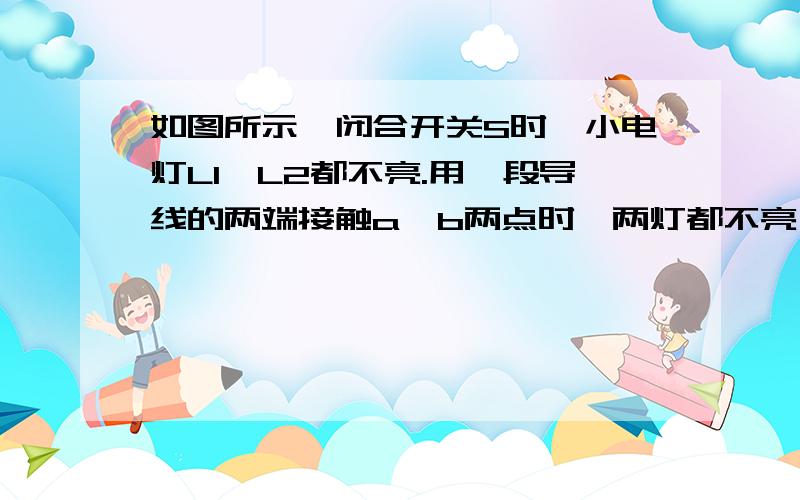 如图所示,闭合开关S时,小电灯L1、L2都不亮.用一段导线的两端接触a、b两点时,两灯都不亮；接触b、c两点时,两灯也不亮；接触c、d两点时,两灯都亮.对此,下列判断中正确的是 ( )并逐项说明理