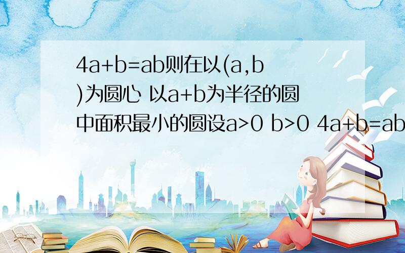 4a+b=ab则在以(a,b)为圆心 以a+b为半径的圆中面积最小的圆设a>0 b>0 4a+b=ab则在以（a,b）为圆心 以a+b为半径的圆中面积最小的圆的标准方程是