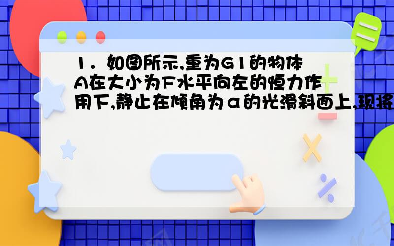 1．如图所示,重为G1的物体A在大小为F水平向左的恒力作用下,静止在倾角为α的光滑斜面上,现将重为G2的小物体B轻放在A上,则 （ ）A．A仍静止B．A将加速下滑C．斜面对A的弹力不变D．B对A的压