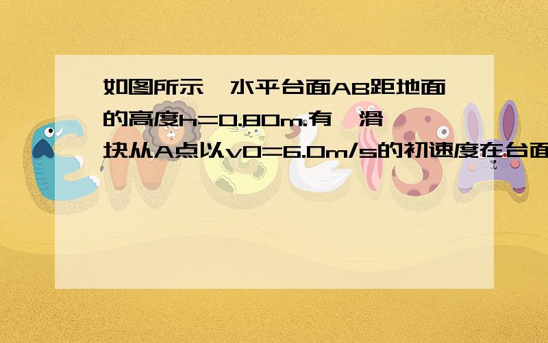 如图所示,水平台面AB距地面的高度h=0.80m.有一滑块从A点以v0=6.0m/s的初速度在台面上做匀变速直线运动,滑块与平台间的动摩擦因数μ=0.25．滑块运动到平台边缘的B点后水平飞出．已知AB=2.2m．不