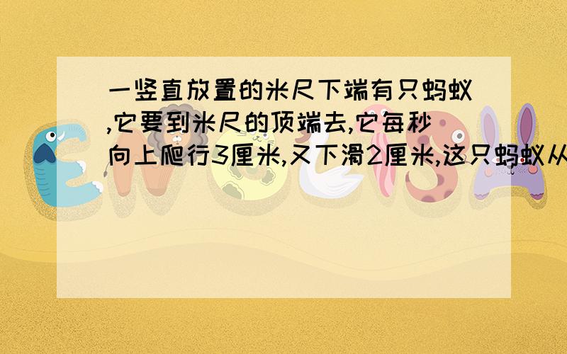 一竖直放置的米尺下端有只蚂蚁,它要到米尺的顶端去,它每秒向上爬行3厘米,又下滑2厘米,这只蚂蚁从米尺