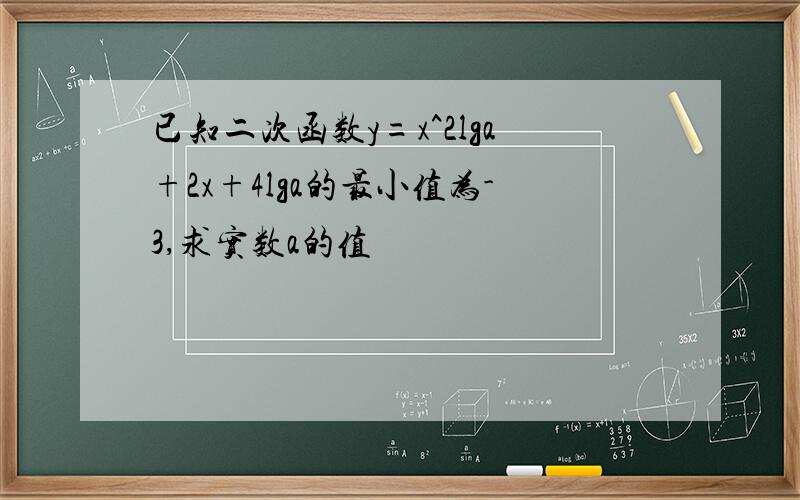 已知二次函数y=x^2lga+2x+4lga的最小值为-3,求实数a的值