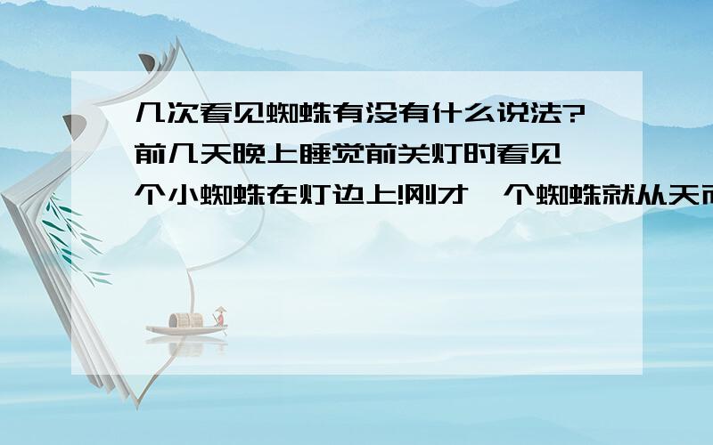 几次看见蜘蛛有没有什么说法?前几天晚上睡觉前关灯时看见一个小蜘蛛在灯边上!刚才一个蜘蛛就从天而将在我的电脑前晃悠!我记得老辈说过什么夜看蜘蛛.日看蜘蛛.那我白天和晚上可都看