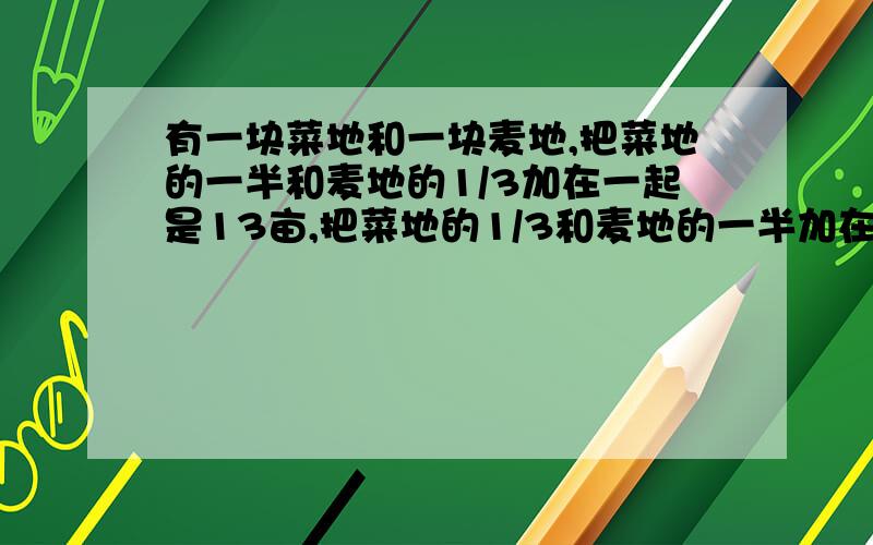 有一块菜地和一块麦地,把菜地的一半和麦地的1/3加在一起是13亩,把菜地的1/3和麦地的一半加在一起是12亩那么菜地是几亩?能解释清楚点,谢谢有一块菜地和一块麦地，把菜地的一半和麦地的1/