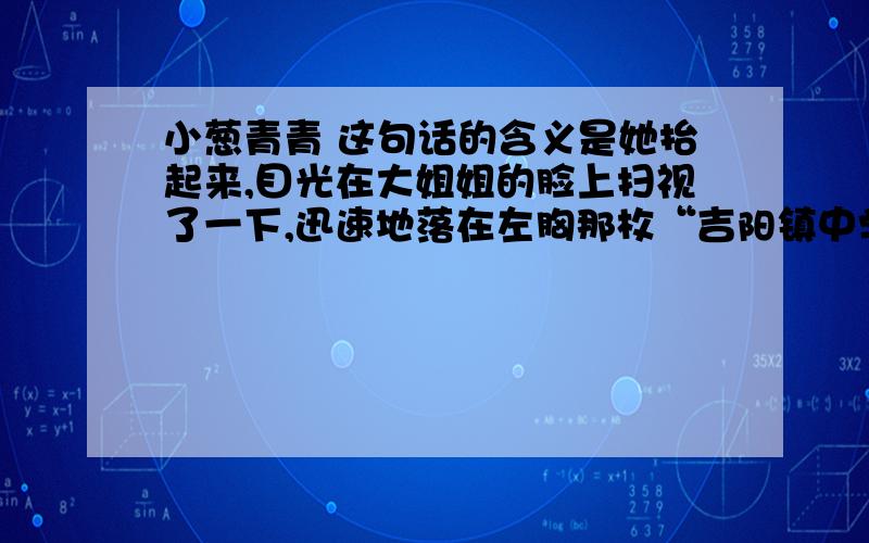 小葱青青 这句话的含义是她抬起来,目光在大姐姐的脸上扫视了一下,迅速地落在左胸那枚“吉阳镇中学”的校徽上,声音有些激动,也有几多憧憬,“俺娘说,等过两年,弟弟初中毕业了,就让俺继