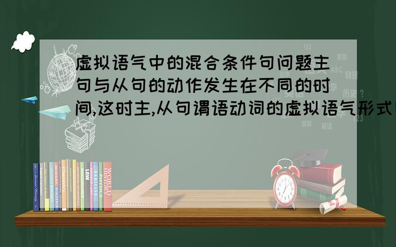 虚拟语气中的混合条件句问题主句与从句的动作发生在不同的时间,这时主,从句谓语动词的虚拟语气形式因时间不同而不同,这叫做混合条件句.1.If you had asked him yesterday,you would know what to do now.