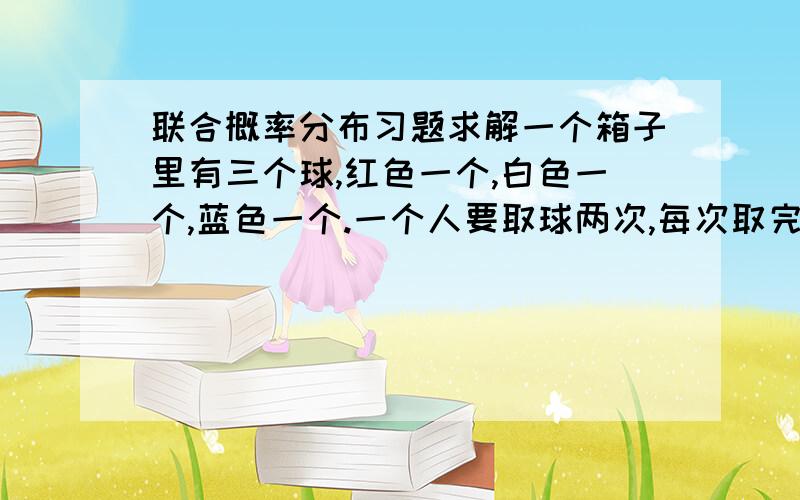 联合概率分布习题求解一个箱子里有三个球,红色一个,白色一个,蓝色一个.一个人要取球两次,每次取完一个球后就将其放回.设事件X为两次取球中有出了一个红球出现.设事件Y为两次取球中没