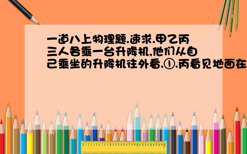 一道八上物理题.速求.甲乙丙三人各乘一台升降机,他们从自己乘坐的升降机往外看.①.丙看见地面在匀速上升②.甲看见丙乘的升降机匀速上升③.乙看见甲乘的升降机匀速下降.试分析三人所