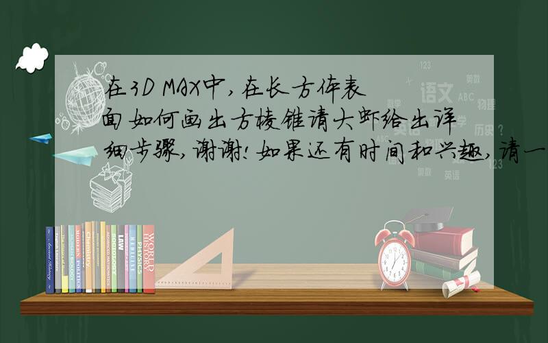 在3D MAX中,在长方体表面如何画出方棱锥请大虾给出详细步骤,谢谢!如果还有时间和兴趣,请一并告知菱形镜的画法,有两种收口方式,究竟是哪两种收口方式,大虾你懂的!一种收口方式是左上角