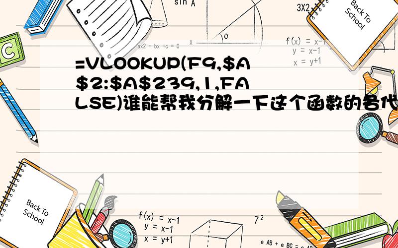 =VLOOKUP(F9,$A$2:$A$239,1,FALSE)谁能帮我分解一下这个函数的各代表的意思啊!谢谢了