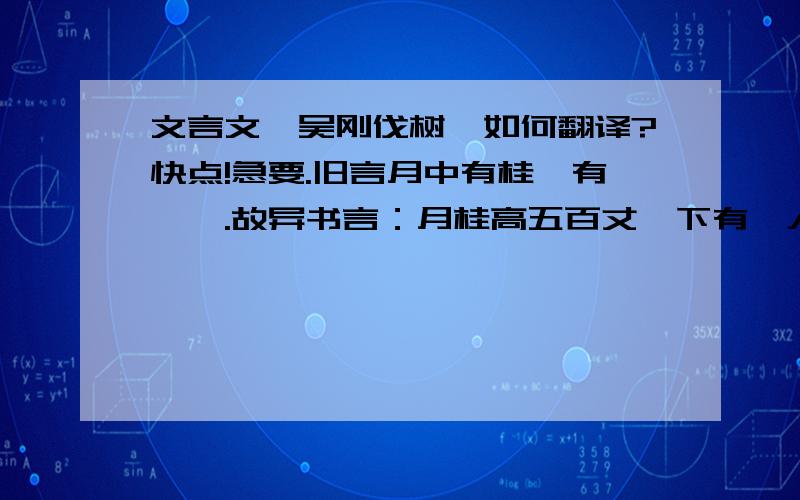 文言文【吴刚伐树】如何翻译?快点!急要.旧言月中有桂,有蟾蜍.故异书言：月桂高五百丈,下有一人,常斫之,树创随合.人姓吴名刚,学仙有过,谪令伐树.