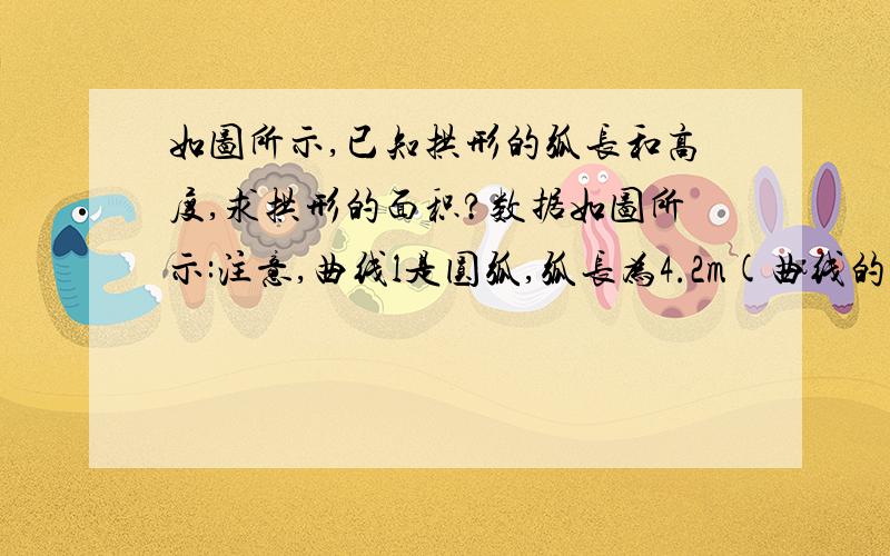 如图所示,已知拱形的弧长和高度,求拱形的面积?数据如图所示:注意,曲线l是圆弧,弧长为4.2m(曲线的长度),不是弦长.求拱形(阴影部分)的面积!要求:要有计算步骤和最终的计算结果!不要只给一