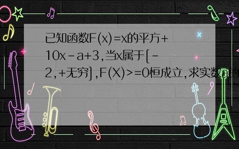 已知函数F(x)=x的平方+10x-a+3,当x属于[-2,+无穷],F(X)>=0恒成立,求实数a的取值范围?