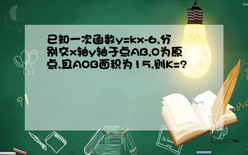 已知一次函数y=kx-6,分别交x轴y轴于点AB,O为原点,且AOB面积为15,则K=?