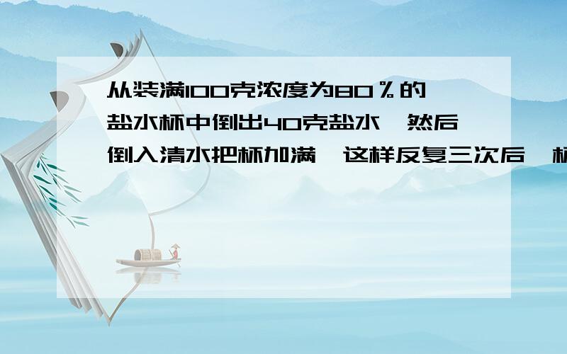 从装满100克浓度为80％的盐水杯中倒出40克盐水,然后倒入清水把杯加满,这样反复三次后,杯中盐水浓度?每步算式要有具体讲解